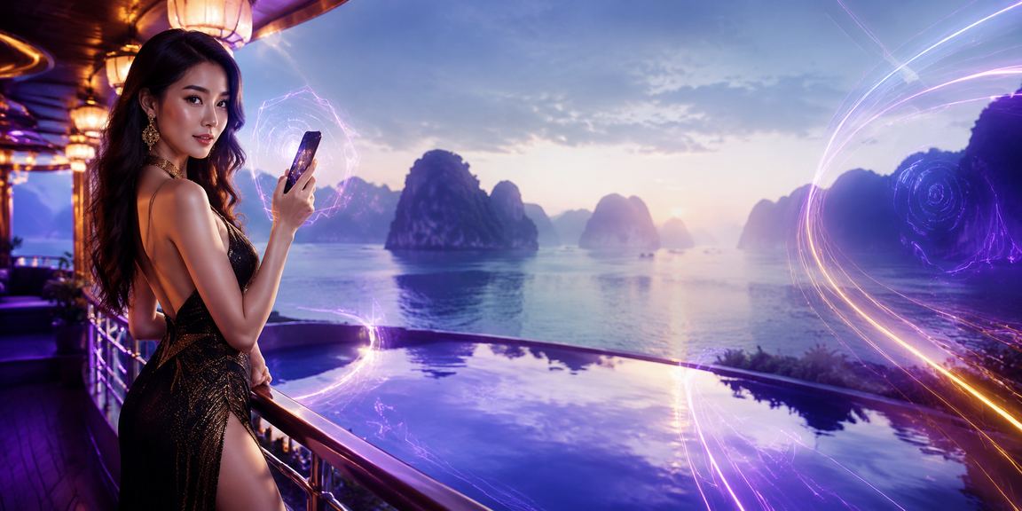Quang cảnh Vịnh Hạ Long về đêm với ánh đèn neon rực rỡ và không khí giải trí trực tuyến